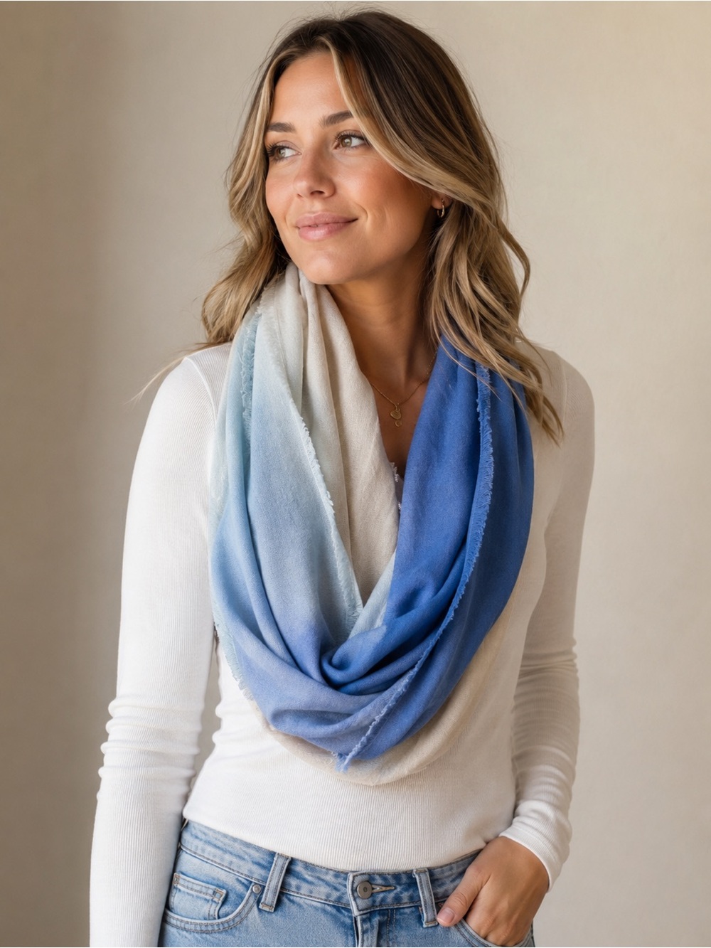 BENCH Blue & Light Gray Ombré Infinity Scarf | Lightweight Soft Frayed Trim